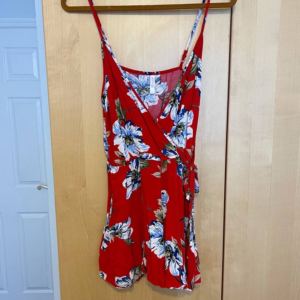 Red floral wrap top romper